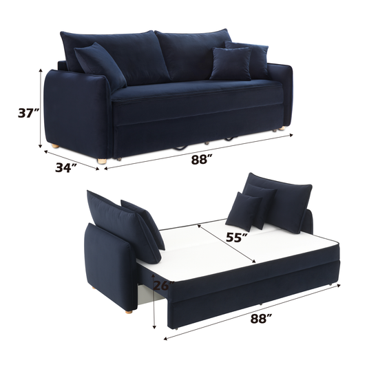 Dark blue velvet sleeper sofa  inches wide shown in sofa mode with dimensions