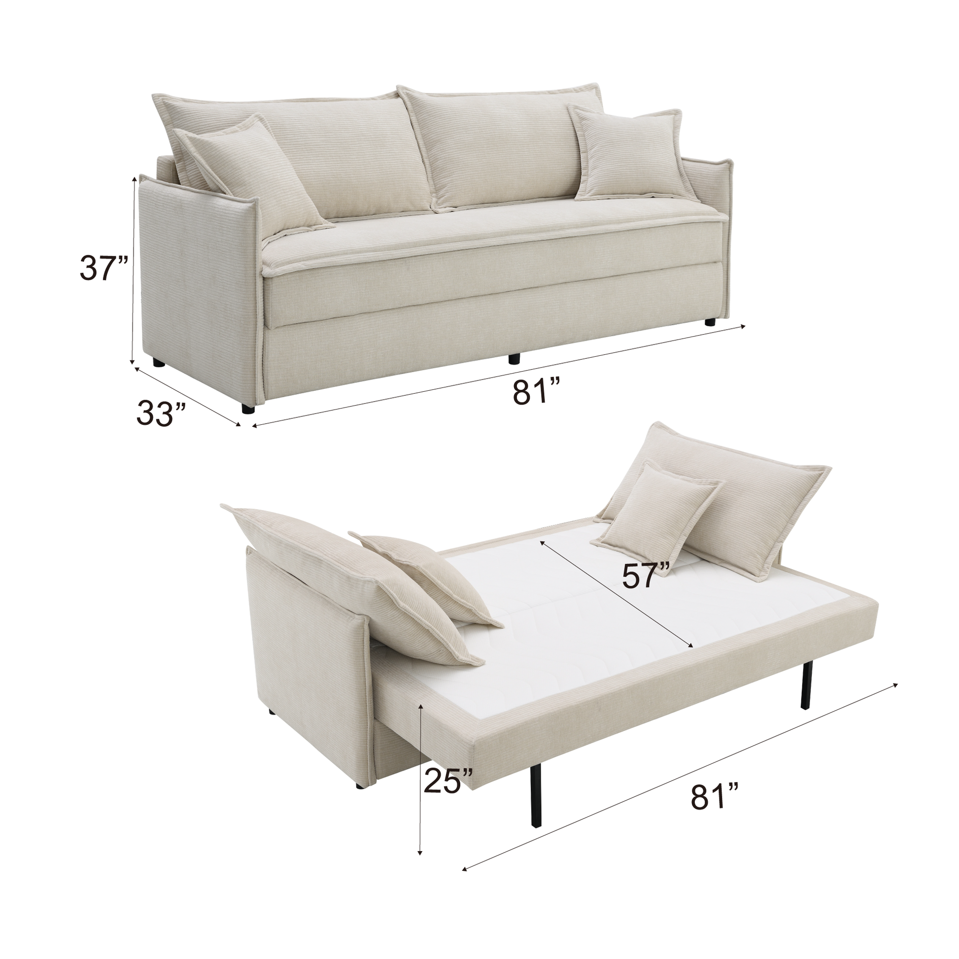 Beige corduroy sofa bed  inches wide perfect for small spaces