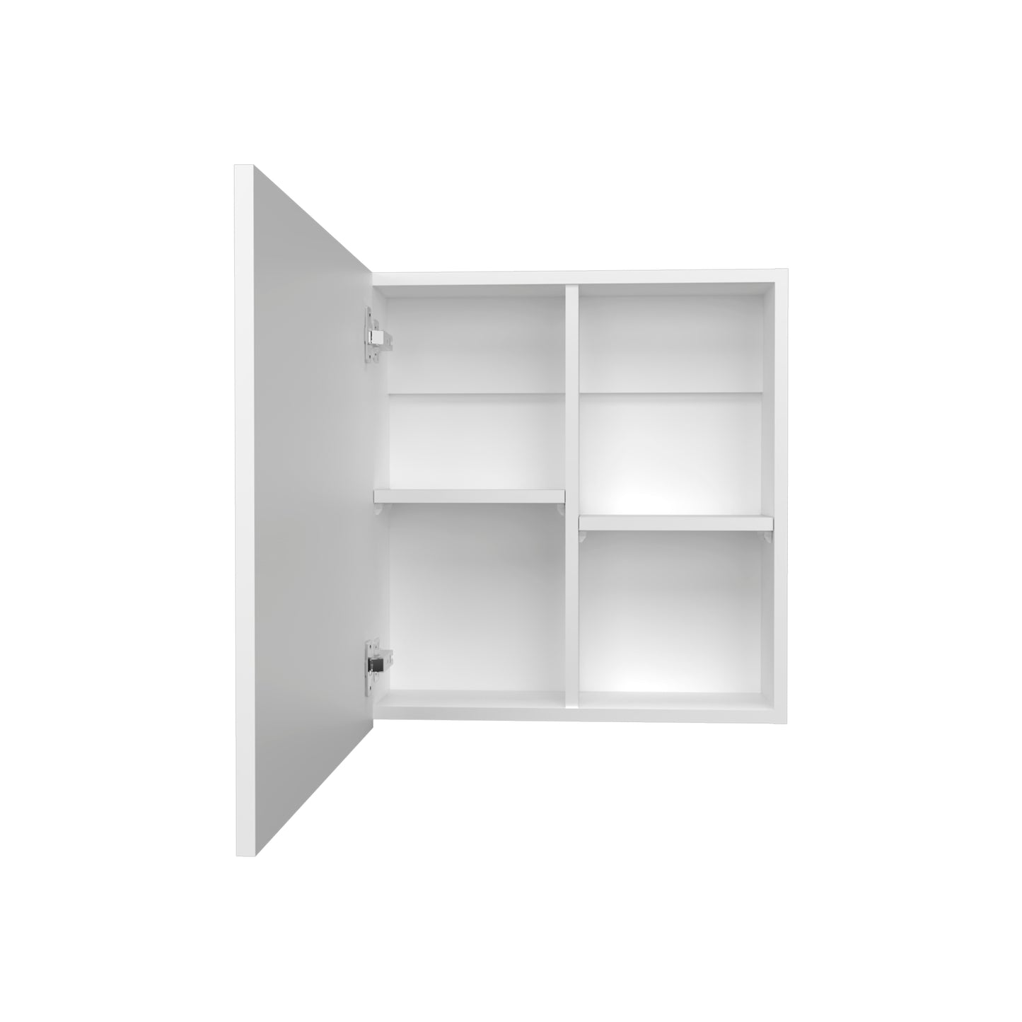 White modern medicine cabinet with open door and four adjustable shelves