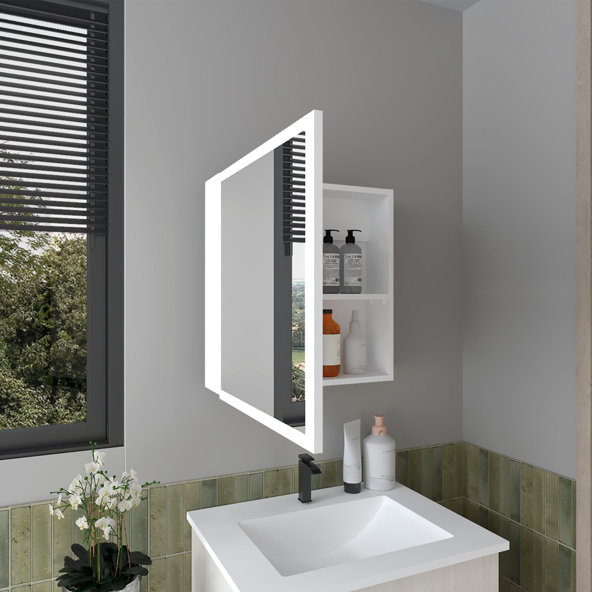 Modern illuminated bathroom medicine cabinet with integrated mirror and storage shelf
