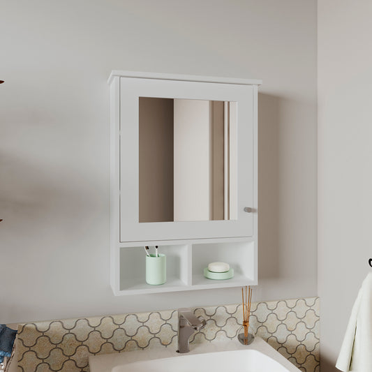 White wooden bathroom medicine cabinet with mirrored door and open shelves