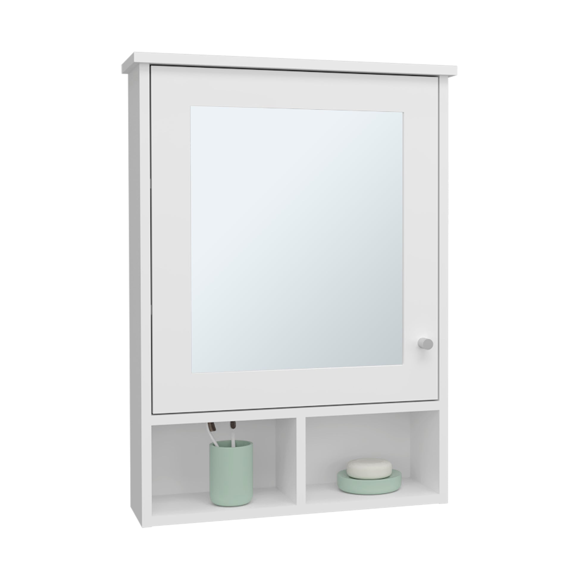 White medicine cabinet with mirrored door and open shelving
