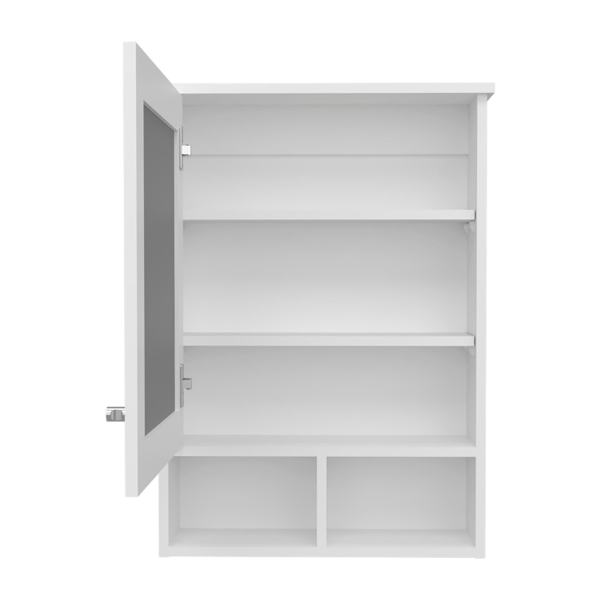 White wall cabinet with open mirrored door and adjustable shelves for bathroom storage