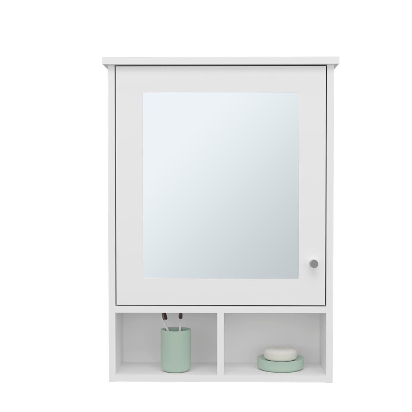 Modern white bathroom medicine cabinet with mirror and open shelving