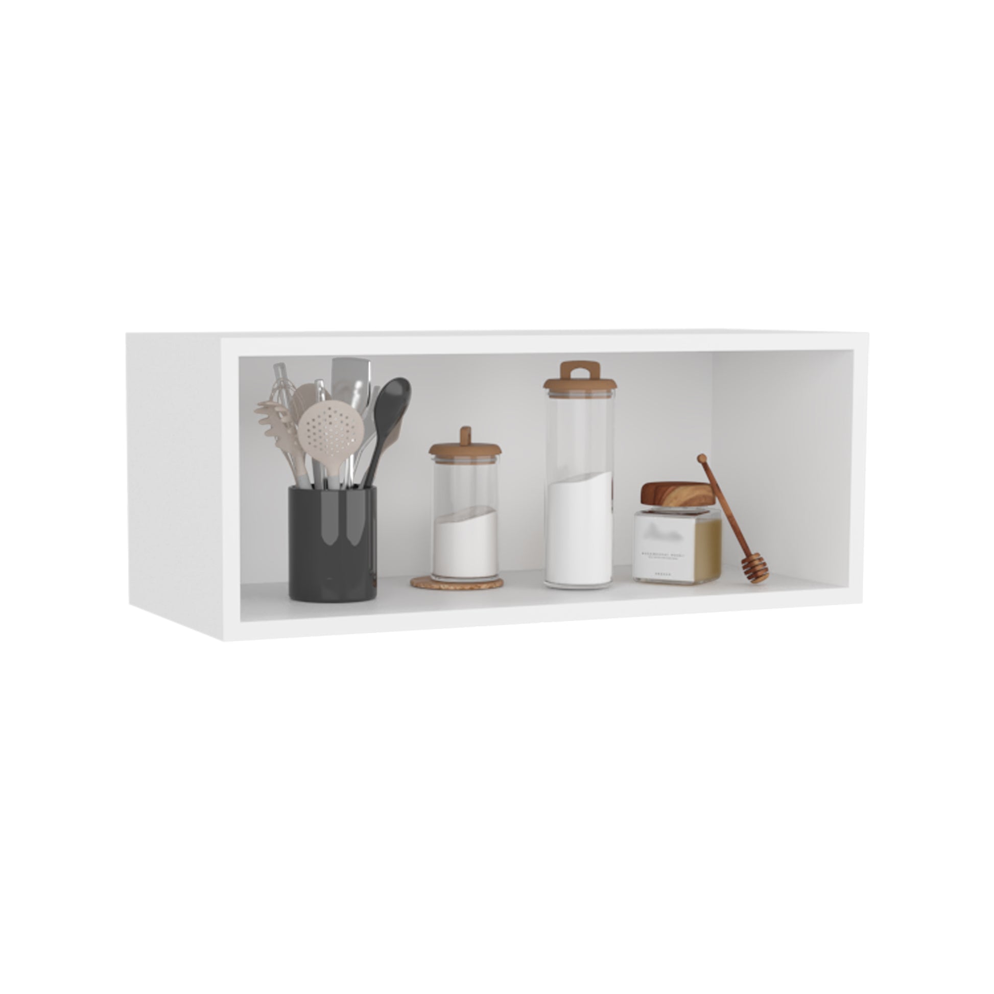 White wallmounted kitchen cabinet with utensils and canisters
