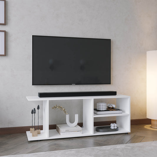 Modern white media console with multiple shelves supporting a TV and soundbar