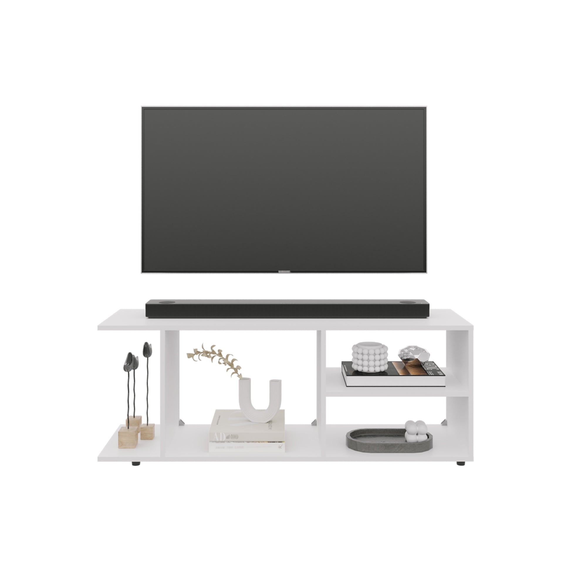 Sleek white modern media console with a soundbar and a minimalist TV above