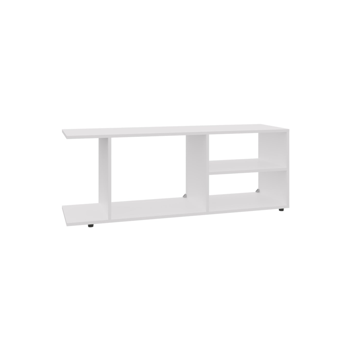 Modern white media console with open shelving and asymmetrical design