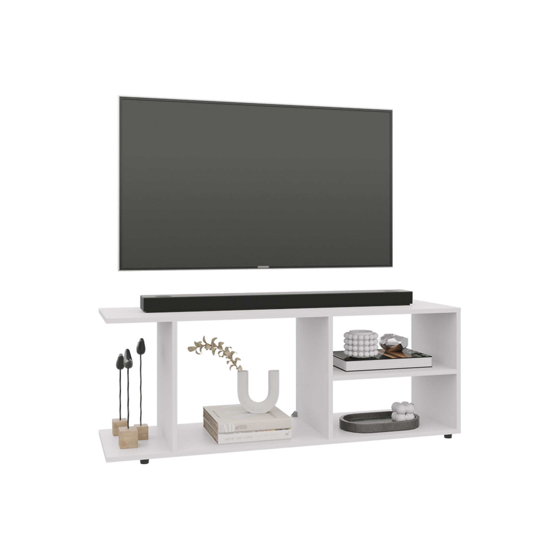 White modern TV stand with open shelving and a soundbar
