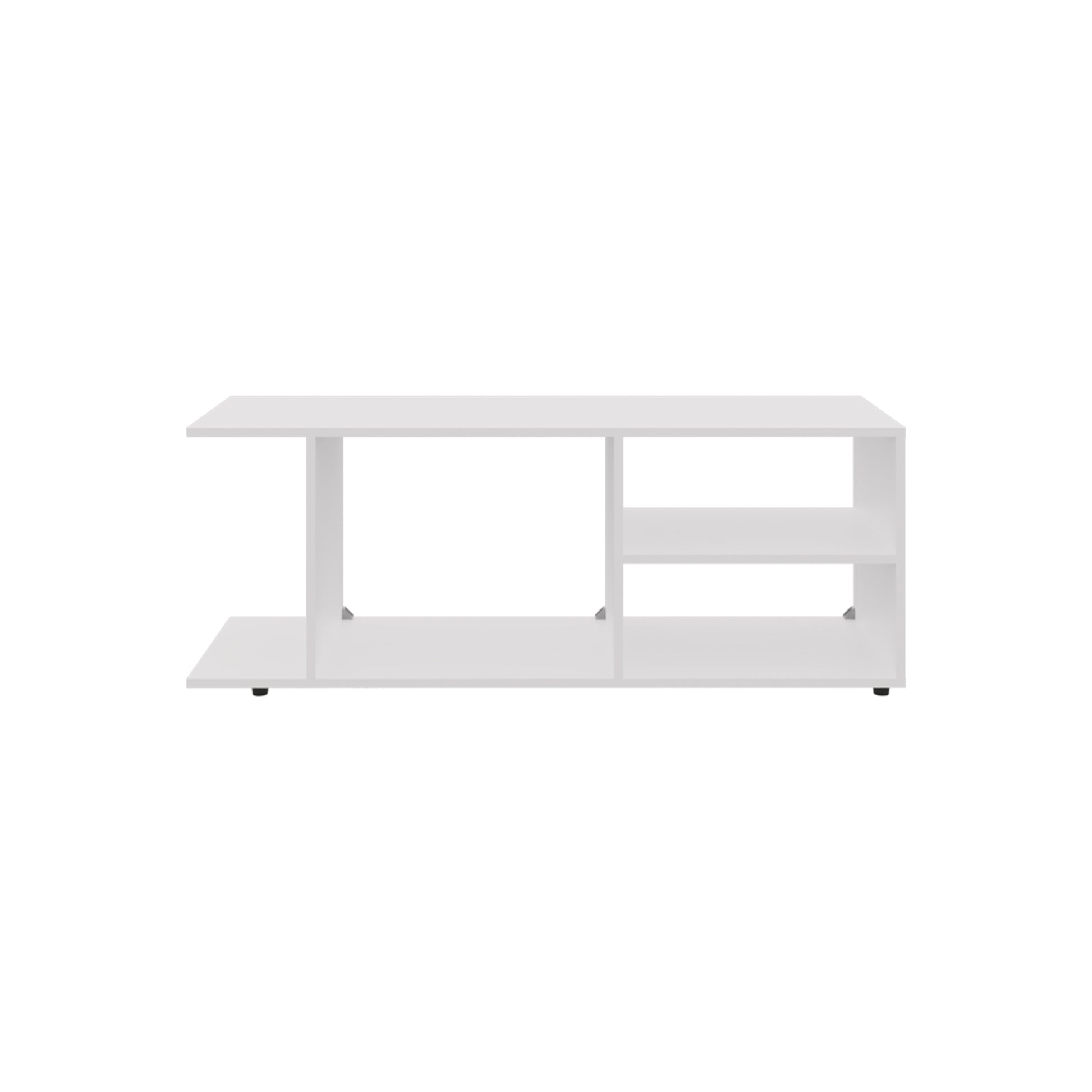 White modern coffee table with open shelving and minimalist design
