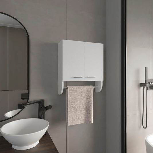 White wallmounted bathroom cabinet with dual doors and integrated towel bar