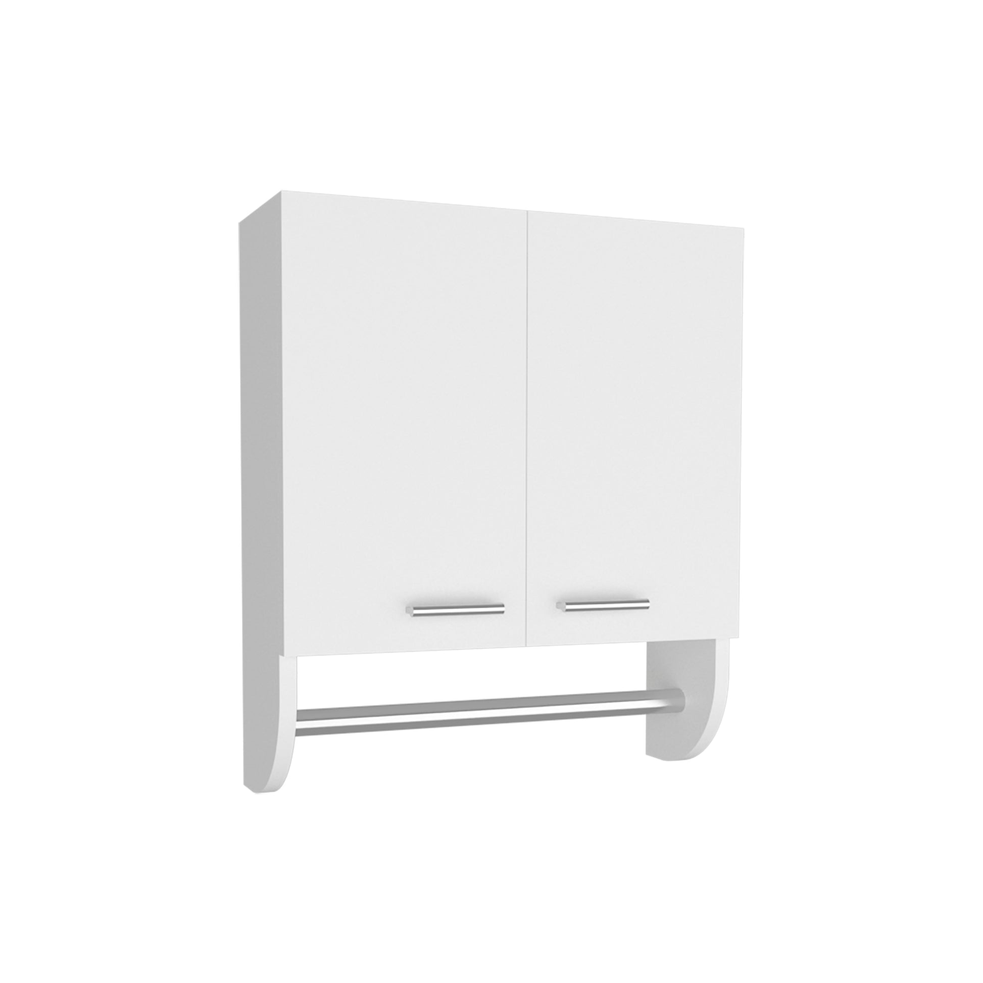 White twodoor wall cabinet with silver handles and towel bar