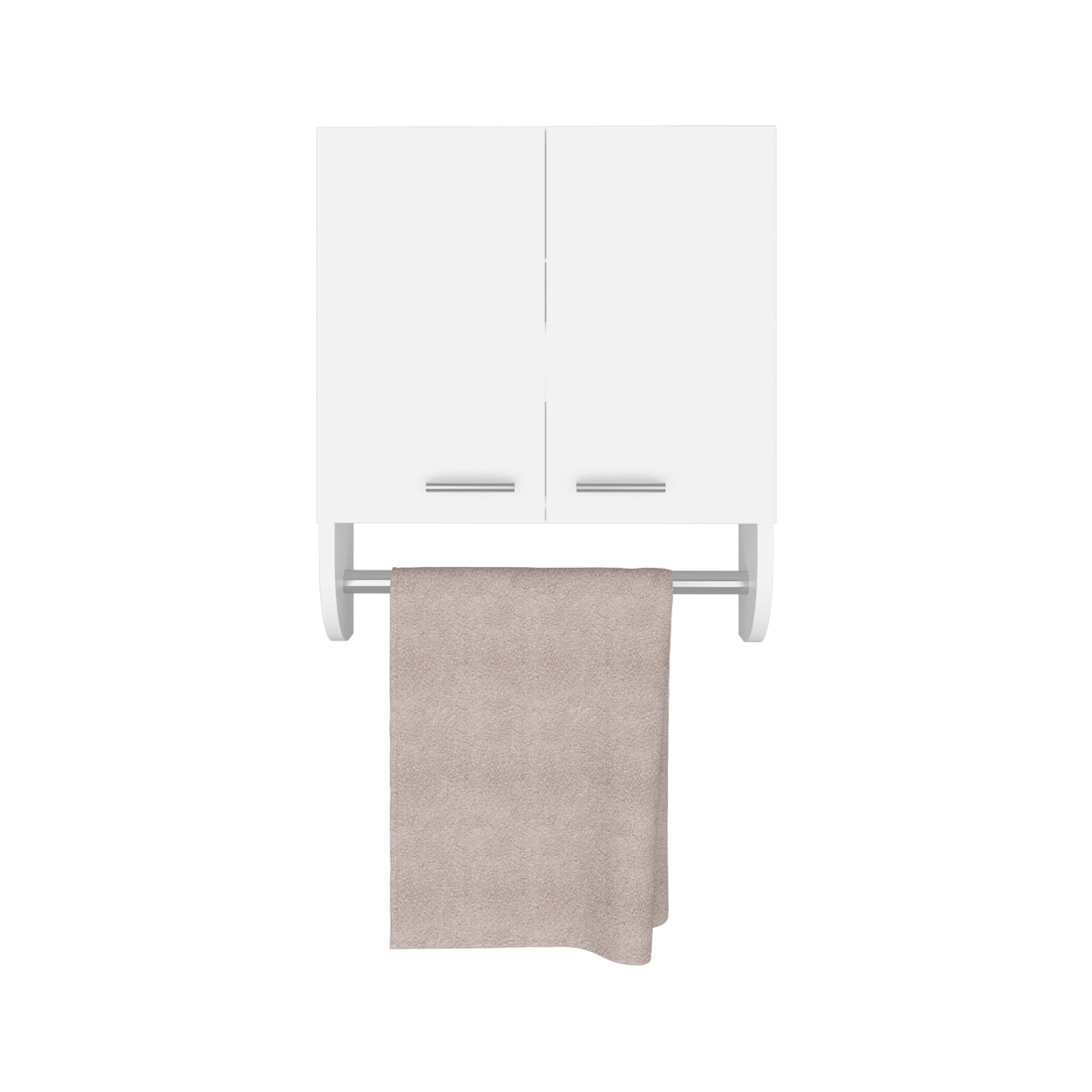 Modern white bathroom cabinet with chrome pull handles and a taupe hand towel