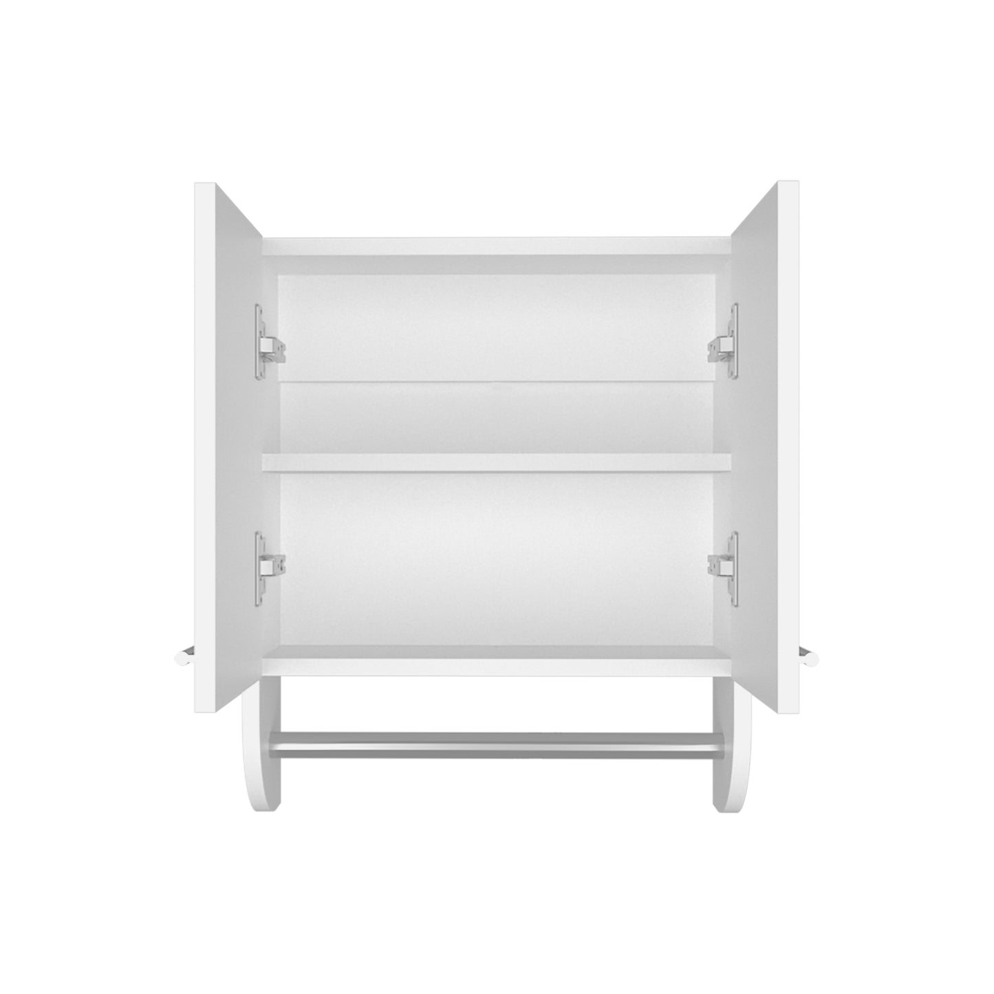 Open white wall cabinet with two shelves and a towel bar bathroom storage solution