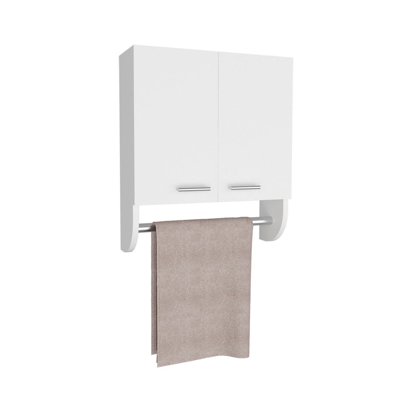 White wallmounted bathroom cabinet with two doors and integrated towel bar