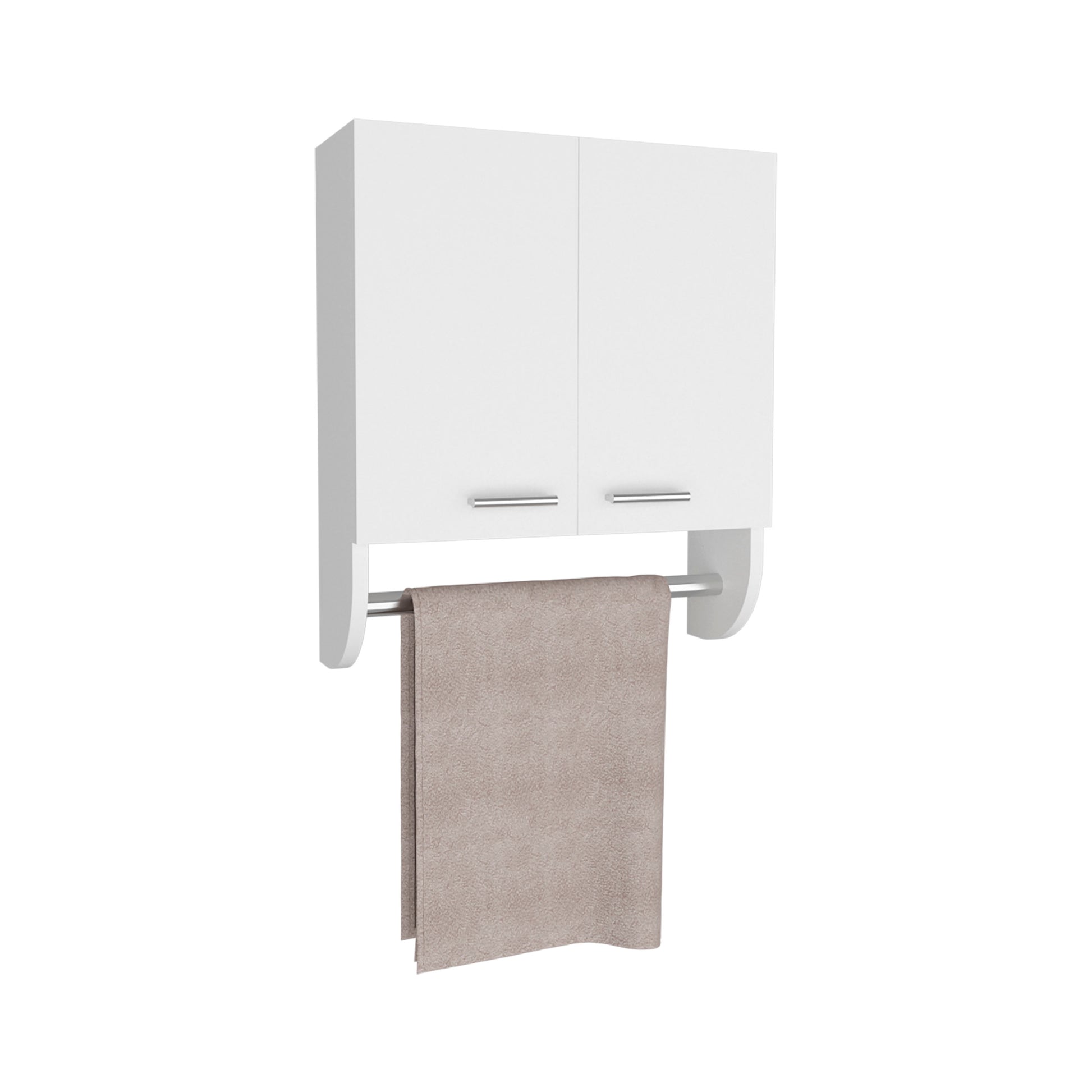 White wallmounted bathroom cabinet with two doors and integrated towel bar