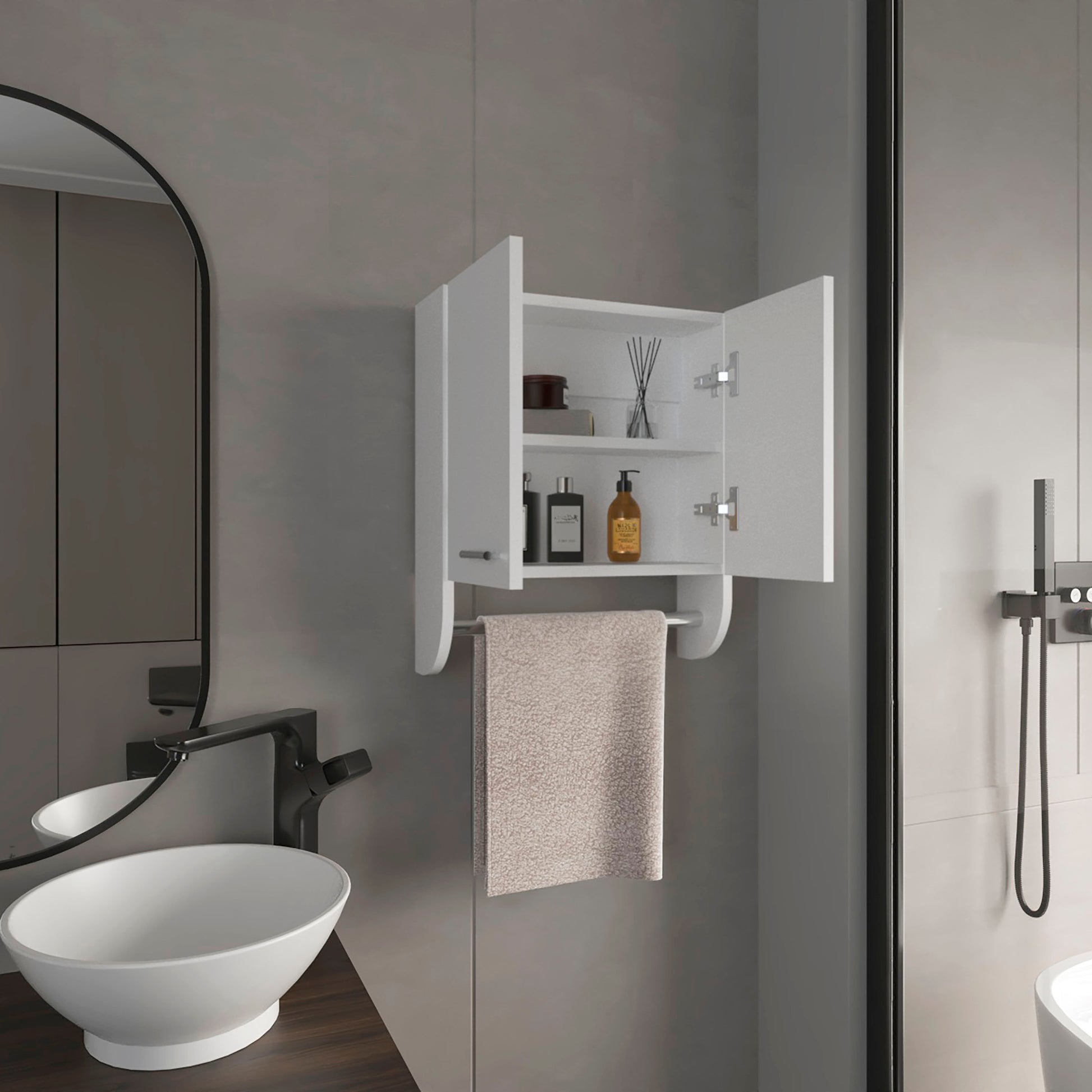 White modern bathroom medicine cabinet with open doors displaying toiletries and a towel bar