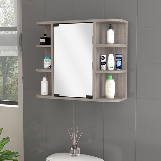 Modern grey wood medicine cabinet with mirrored door and open shelves