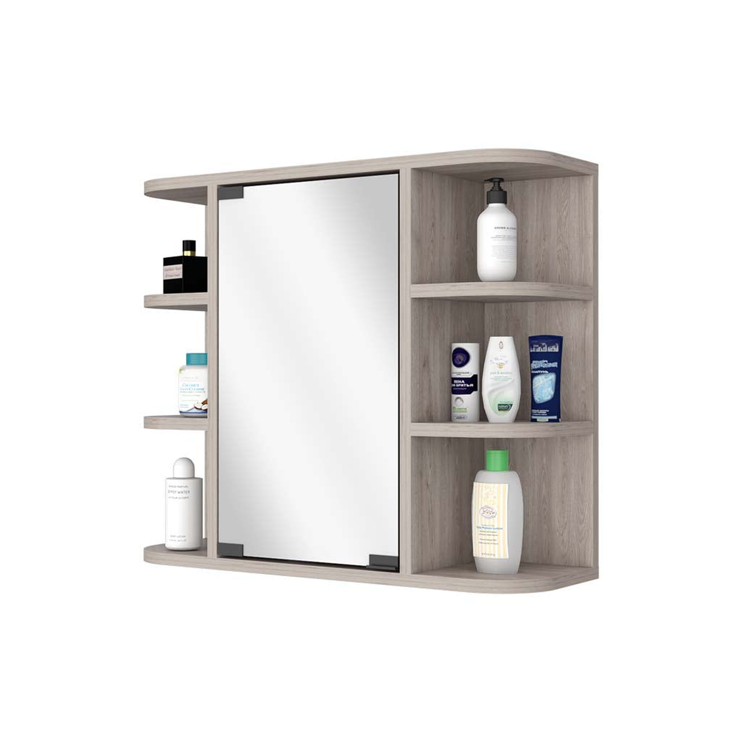 Modern grey wood medicine cabinet with mirrored door and open shelving displaying toiletries