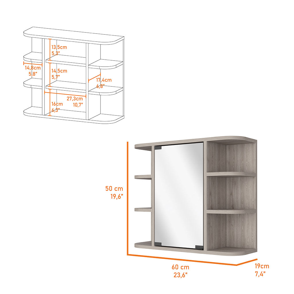 Wallmounted bathroom cabinet with sliding mirrored door and open shelving light wood grain finish