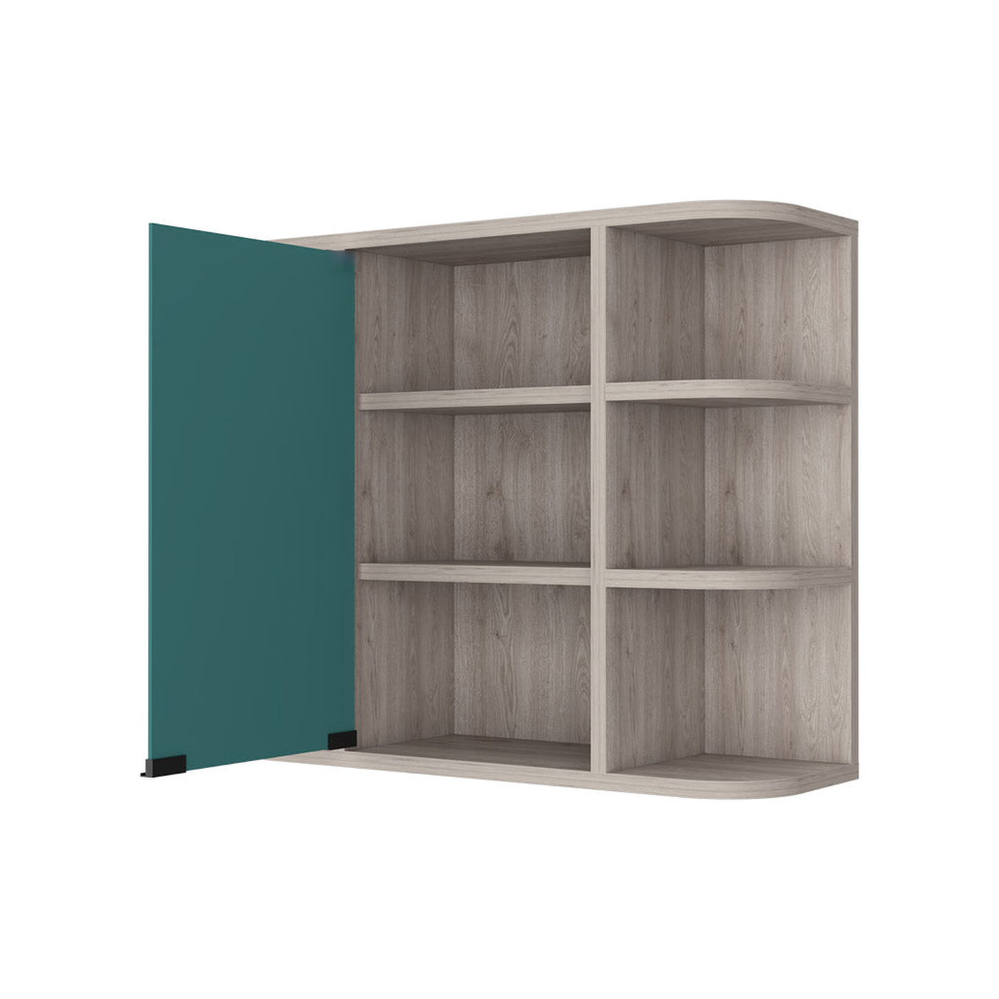 Modern grey wood shelf unit with teal door perfect for home storage