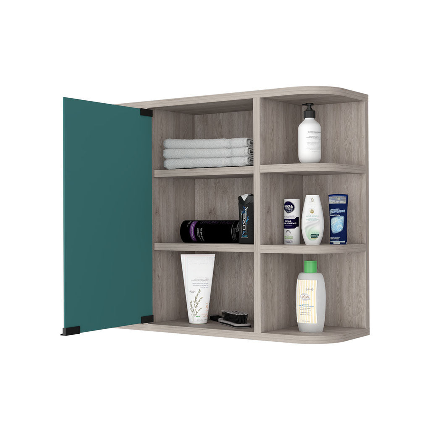 Modern grey wood medicine cabinet with open shelves displaying toiletries and folded towels