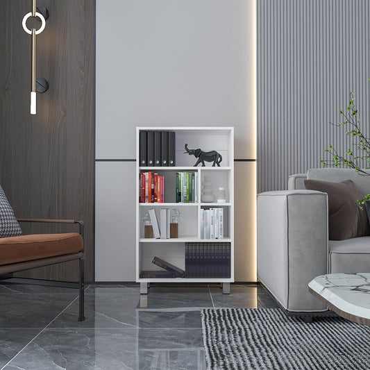 Modern white bookshelf with six compartments displaying books and decor