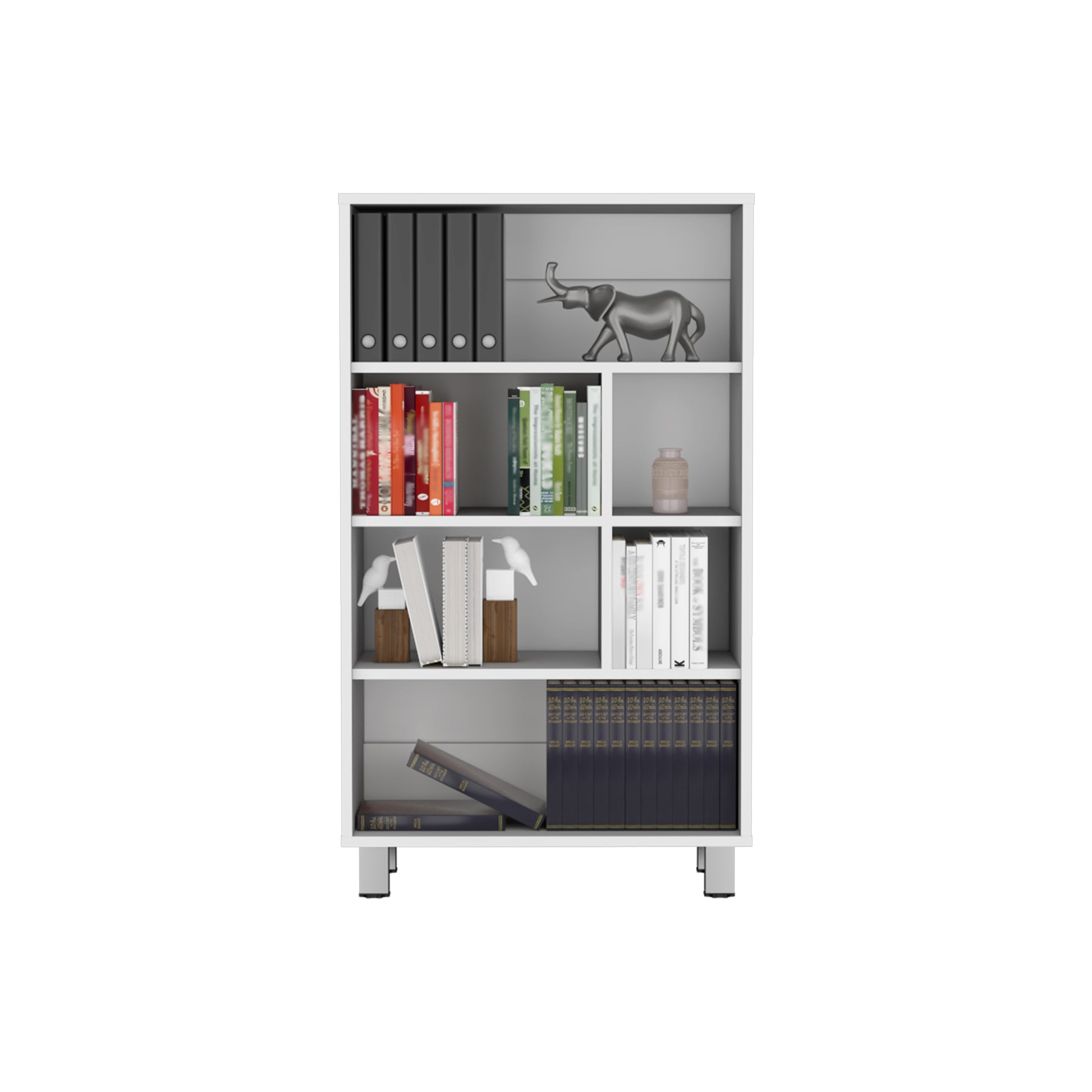 Silver elephant sculpture on top shelf of white bookshelf with black binders