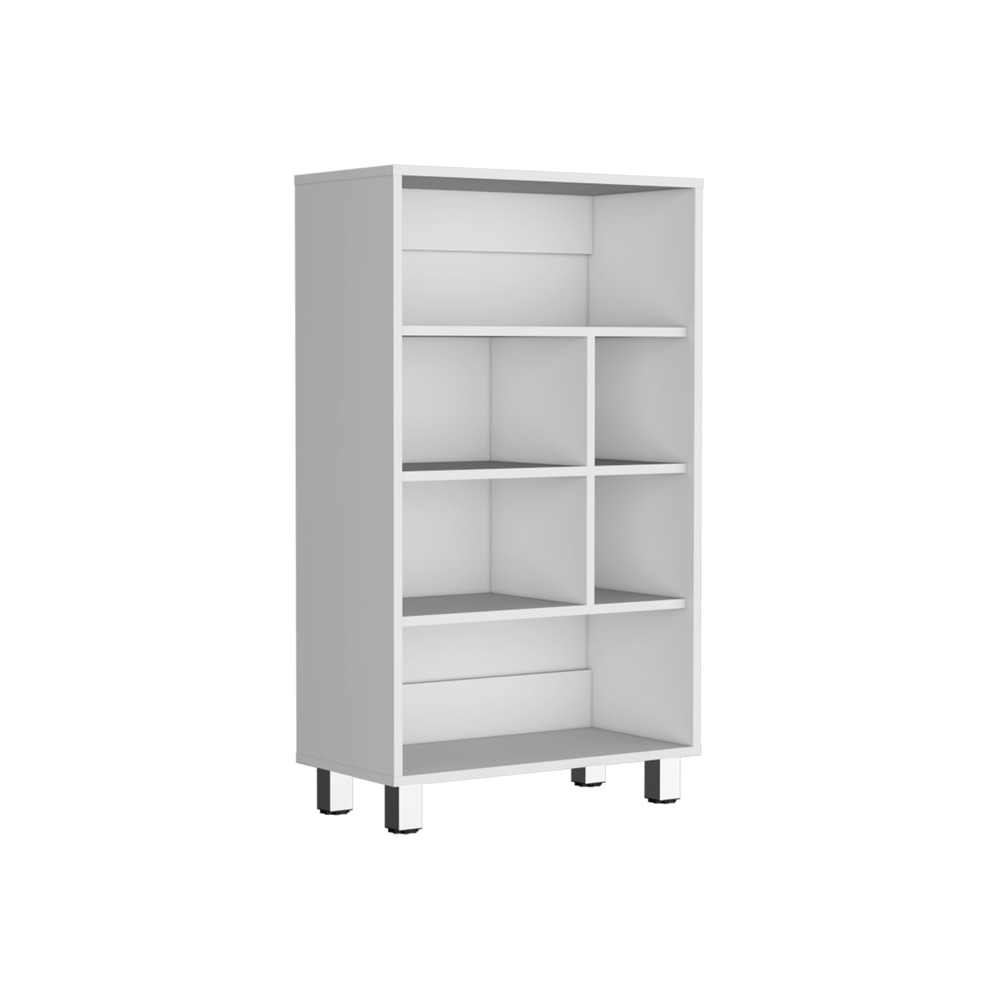 Modern white bookcase with open shelves and silver metal legs perfect for home organization