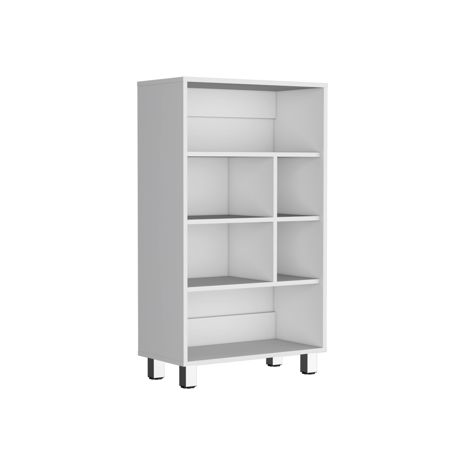 Modern white bookcase with open shelves and silver metal legs perfect for home organization
