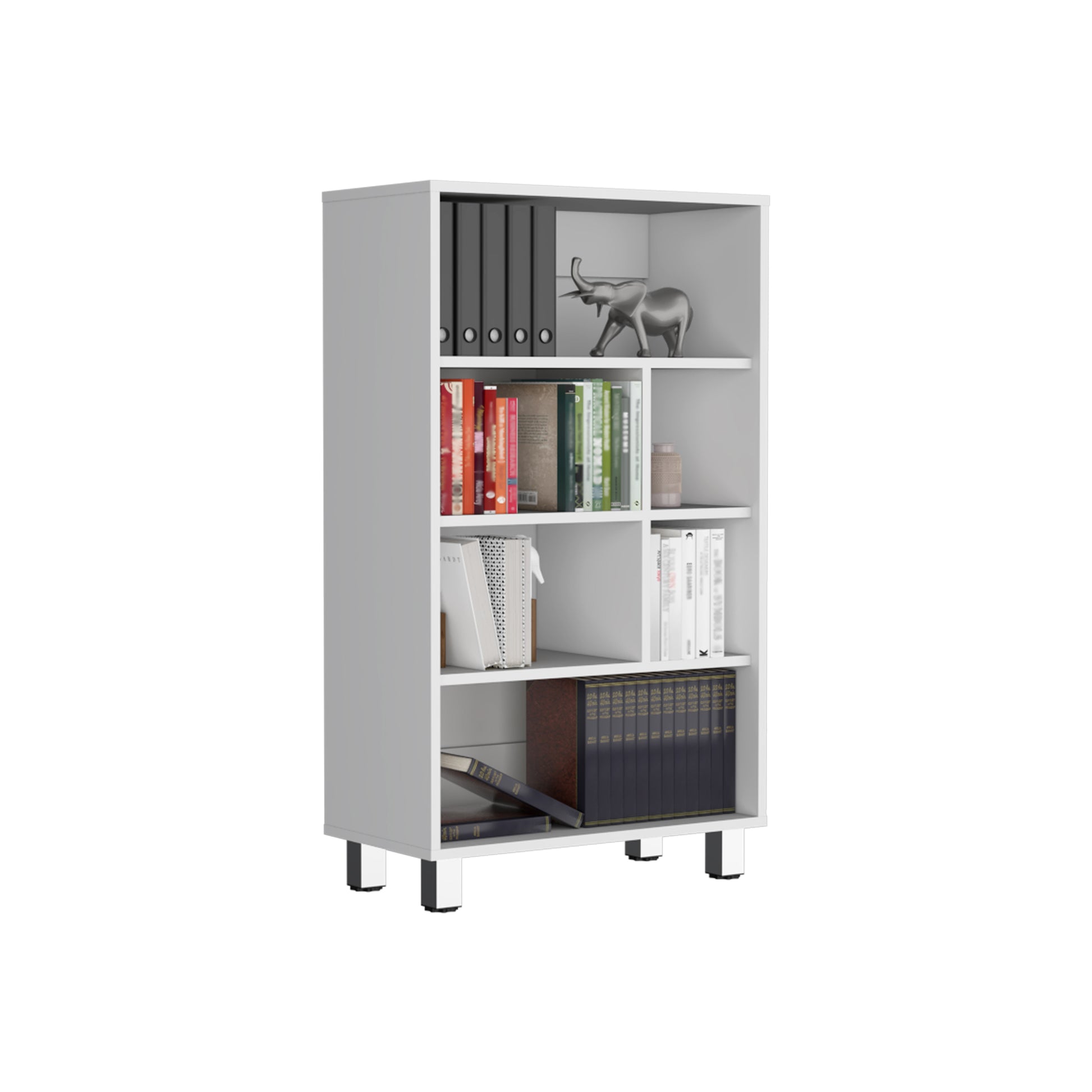 White modern bookcase with books and decor on shelves