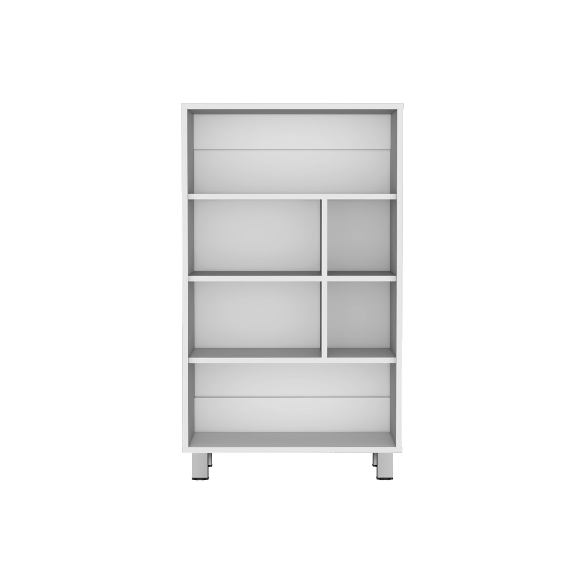 Modern white bookcase with five shelves and a minimalist design perfect for storage