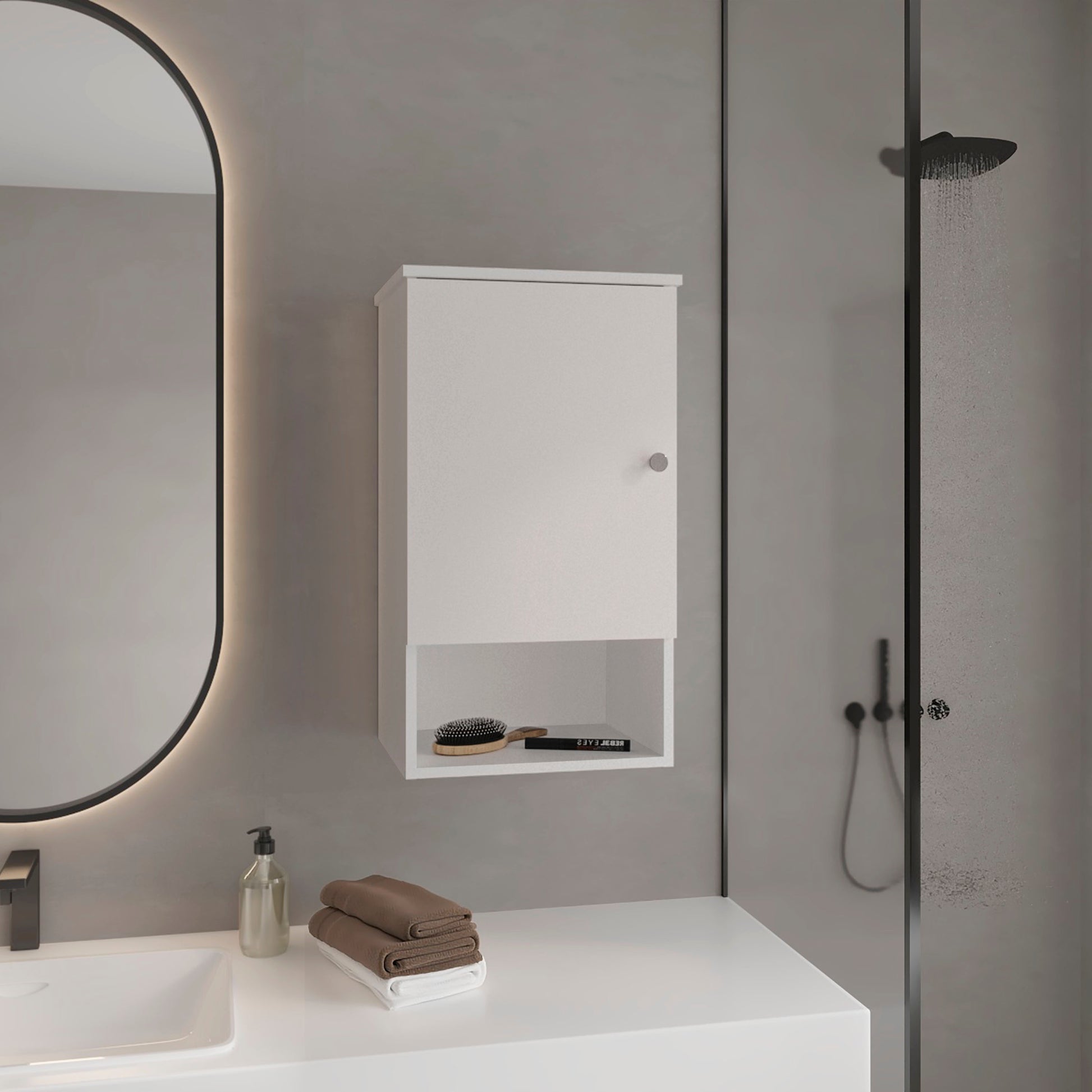 Modern white bathroom medicine cabinet with open shelf and brushed metal handle