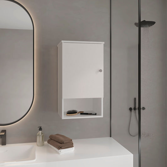 Modern white bathroom medicine cabinet with open shelf and brushed metal handle