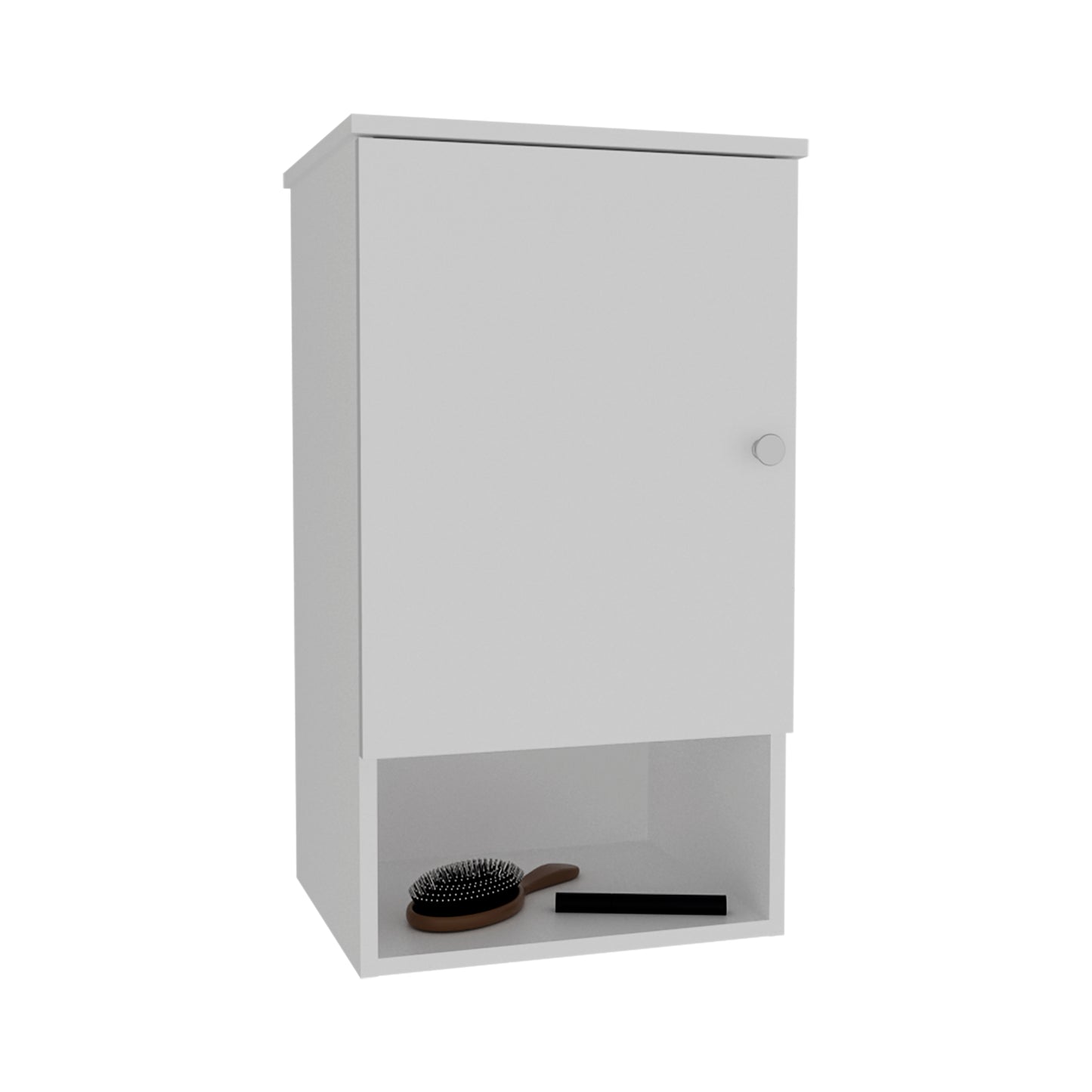 White medicine cabinet with open shelf holding hairbrush and black object