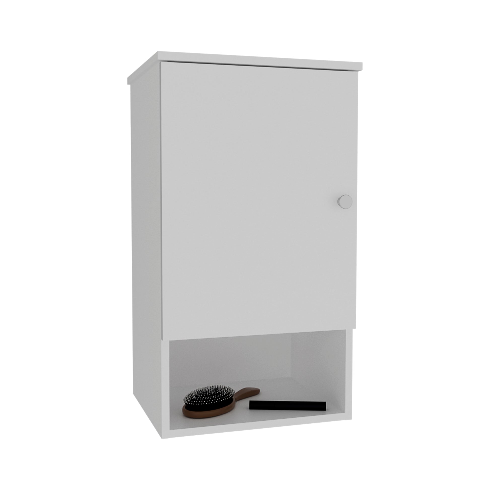 White medicine cabinet with open shelf holding hairbrush and black object