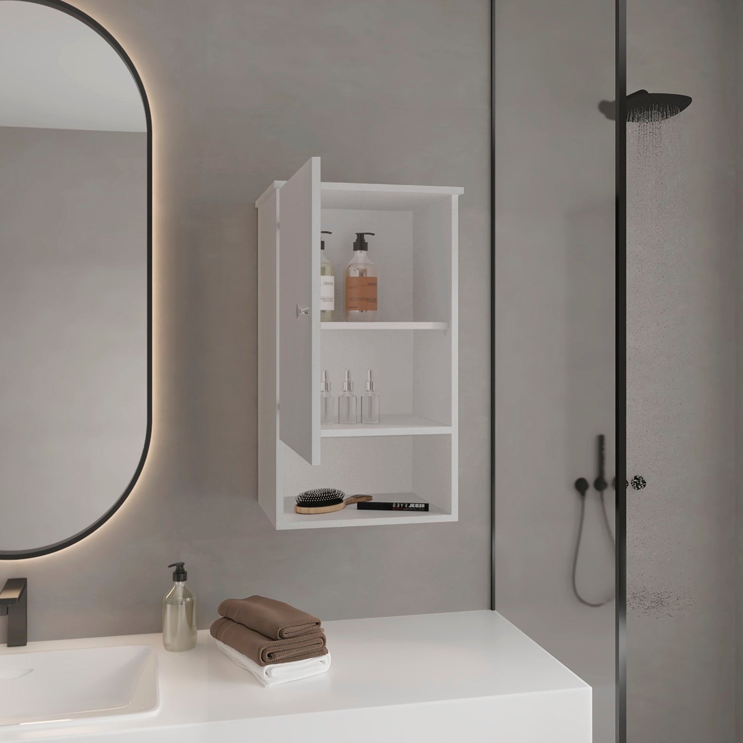 White wallmounted bathroom cabinet with open door holding soap dispensers and toiletries