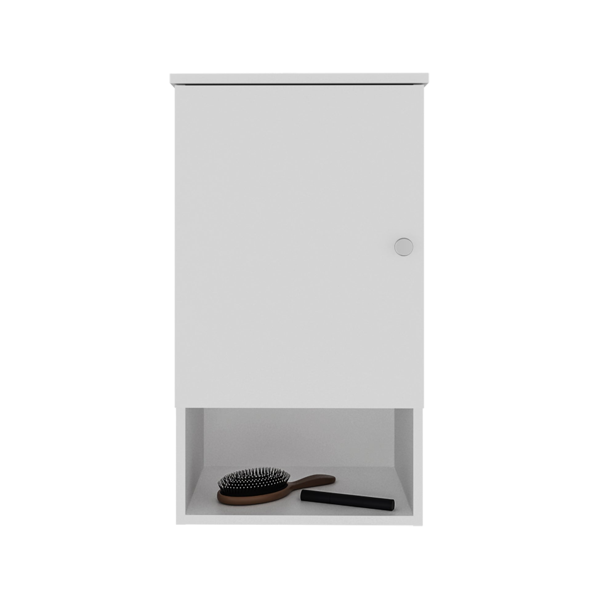Modern white bathroom cabinet with open shelf and hairbrush
