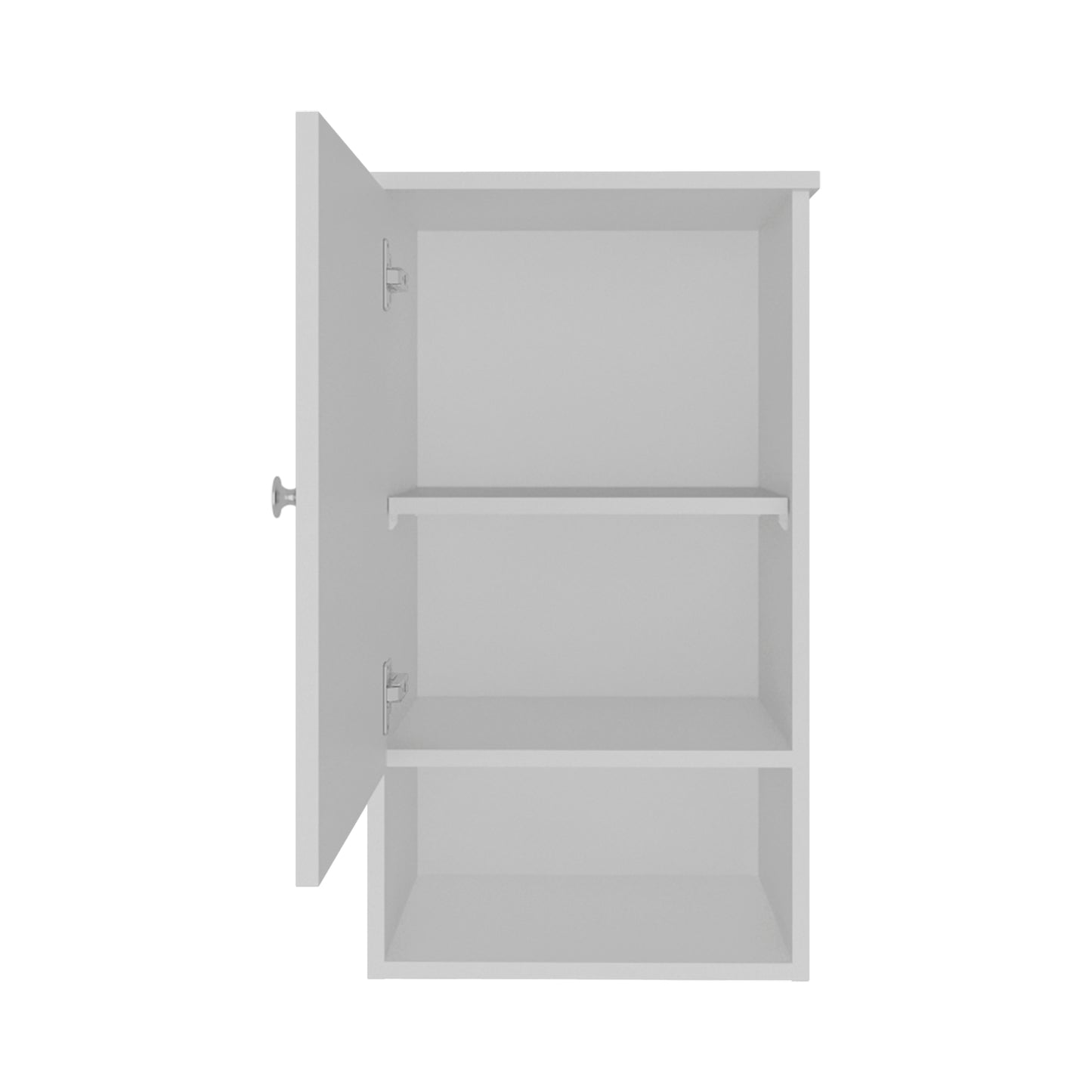 Modern white wall cabinet with one open door revealing two shelves inside for storage