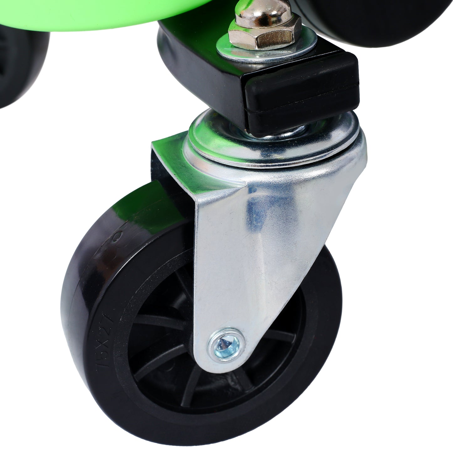 Closeup of a durable black caster wheel with a silver swivel mount and bolts attached to a bright green frame