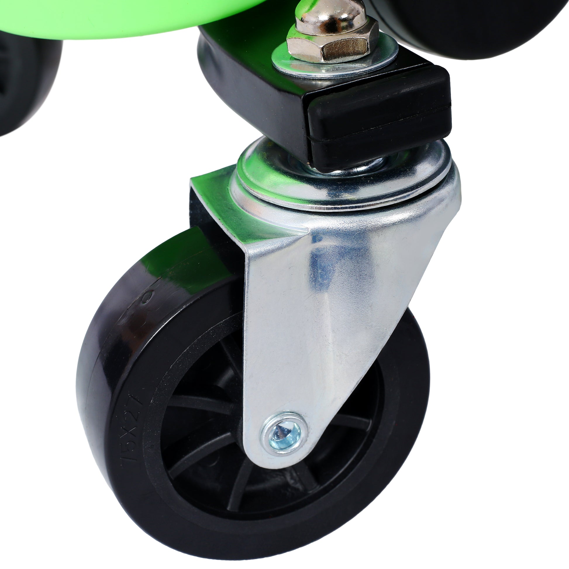 Closeup of a durable black caster wheel with a silver swivel mount and bolts attached to a bright green frame