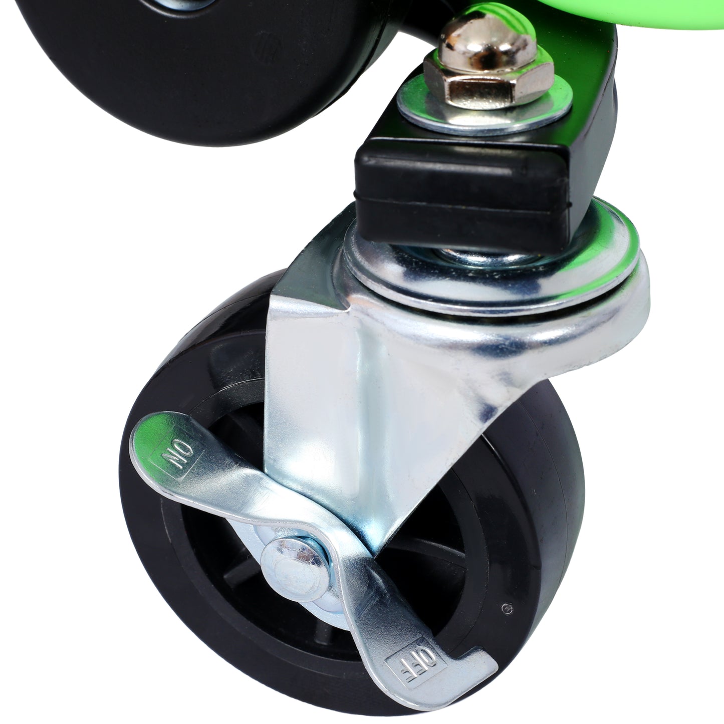 Black swivel caster wheel with metal bracket and brake lever