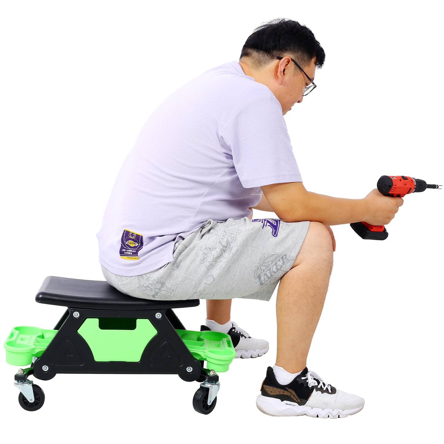 Green mechanics creeper stool with tool caddy for garage use