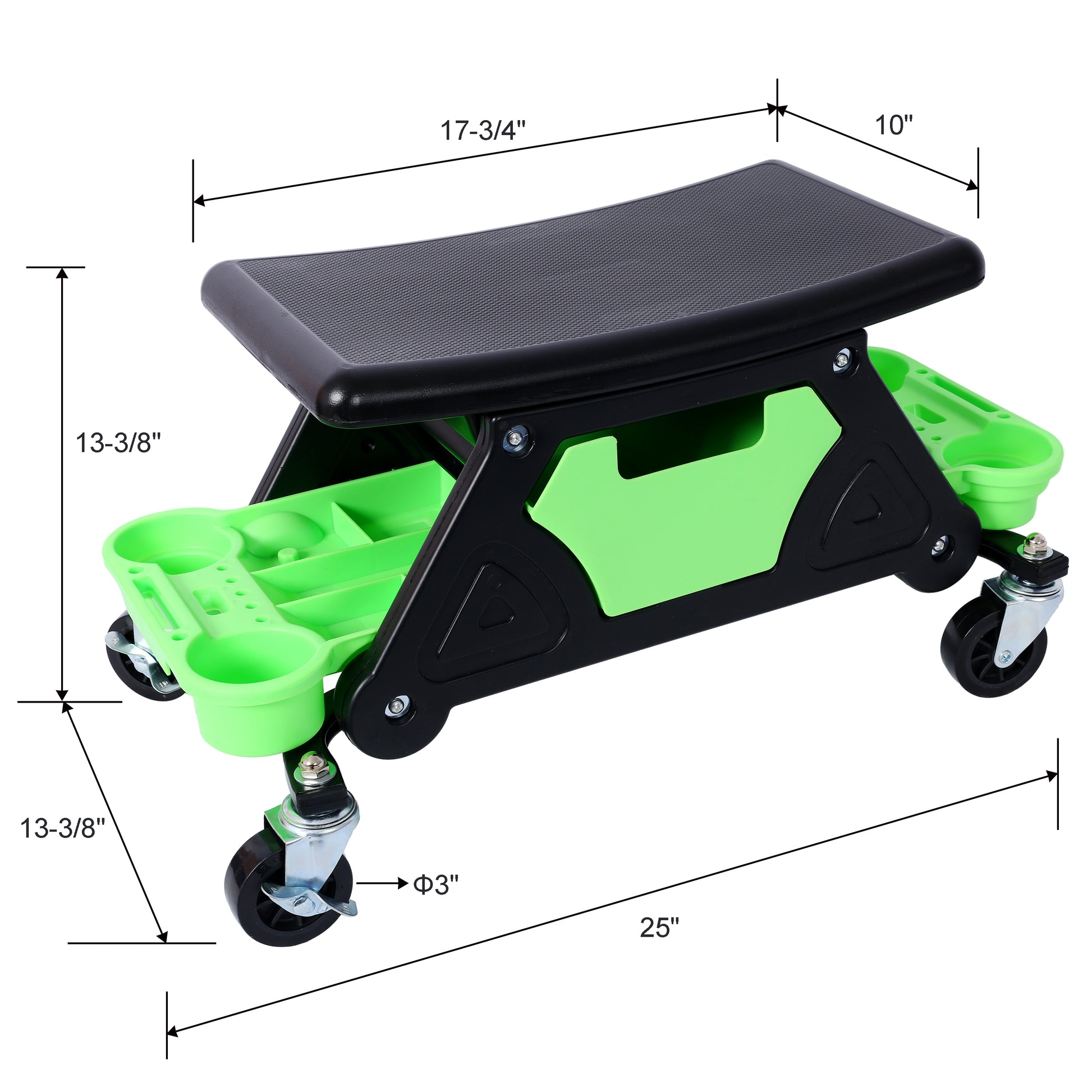 Black and green rolling creeper seat with tool storage and casters