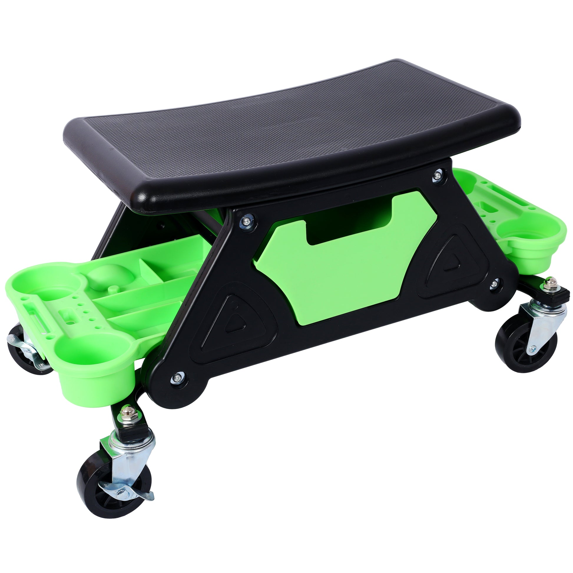 Black and green rolling creeper seat with storage compartments for auto mechanics