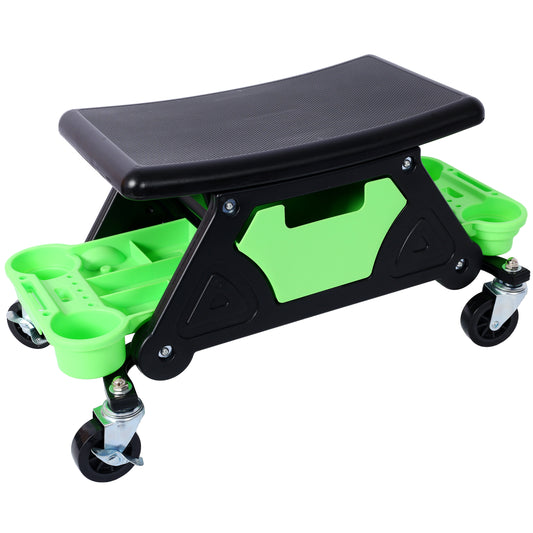 Black and green rolling creeper seat with storage compartments for auto mechanics