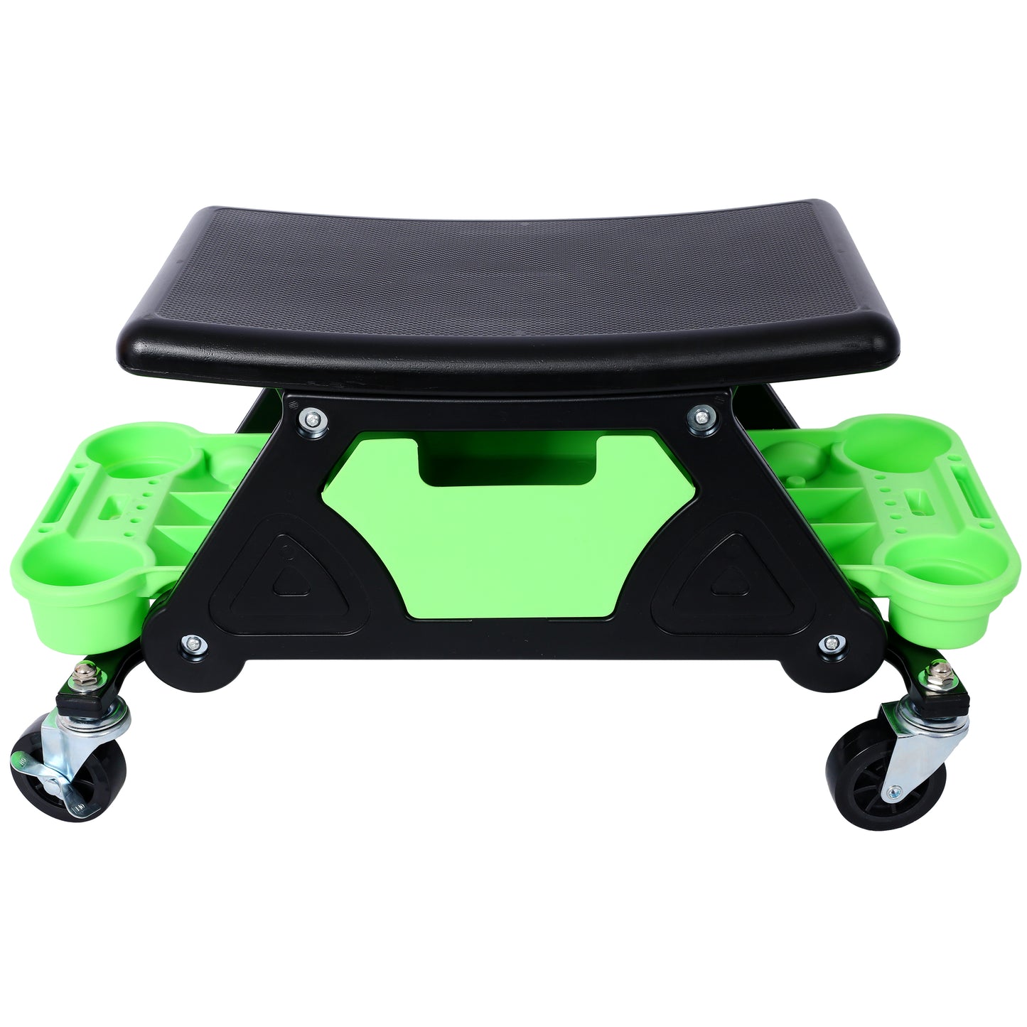 Rolling creeper seat with black textured pad green tray and swivel casters for mechanics