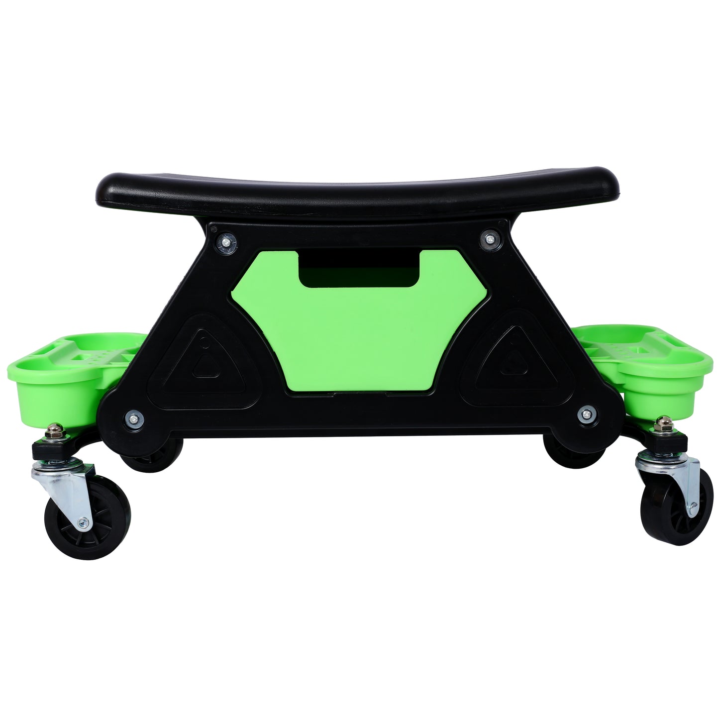 Black and green rolling garden seat with builtin storage compartments