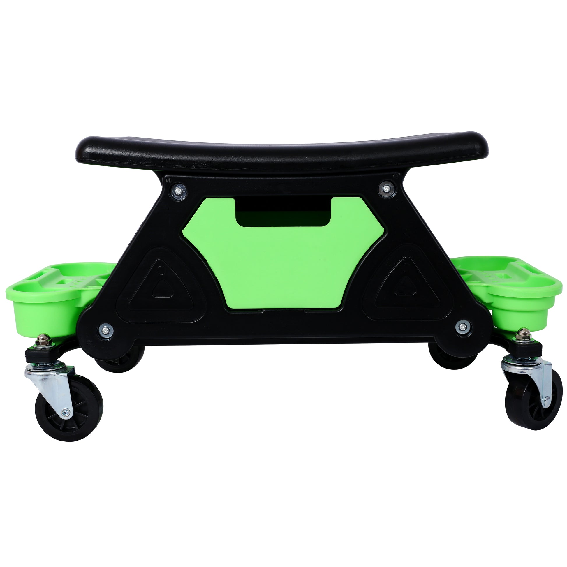 Black and green rolling garden seat with builtin storage compartments
