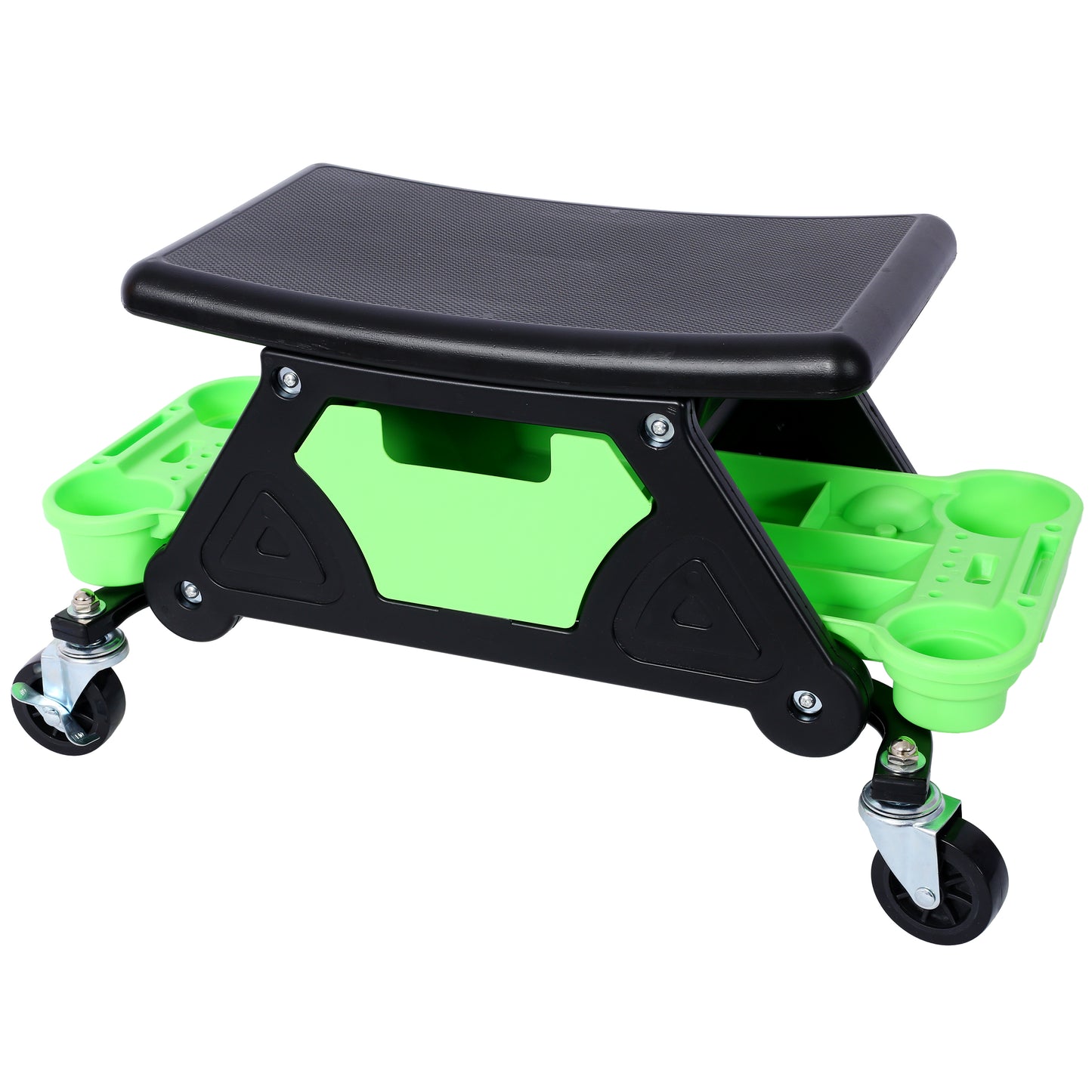 Black and green rolling creeper seat with builtin tool trays for mechanics